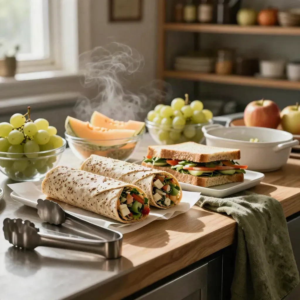 Warme lunchbuffet in pantry met wraps, sandwiches, fruit en een dampende ovenschotel.