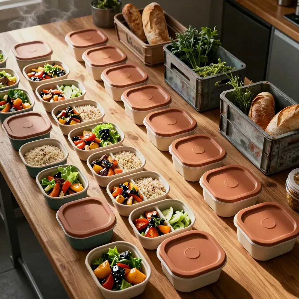 Overzicht van maaltijdbakjes, kommen en ingredientkisten in een weekplanning.