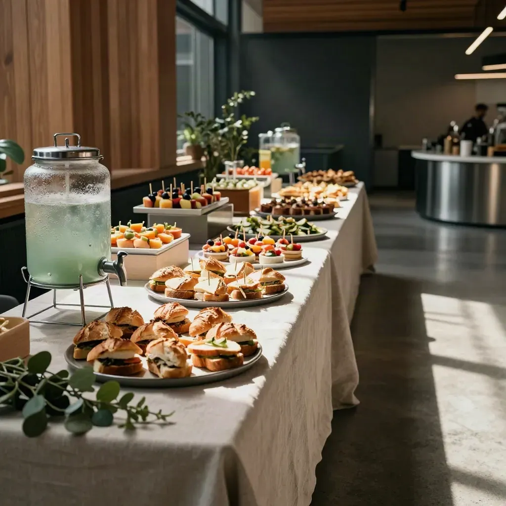 Open buffet met broodjes, sapdispensers en fruitsatés in een sfeervolle foyer.