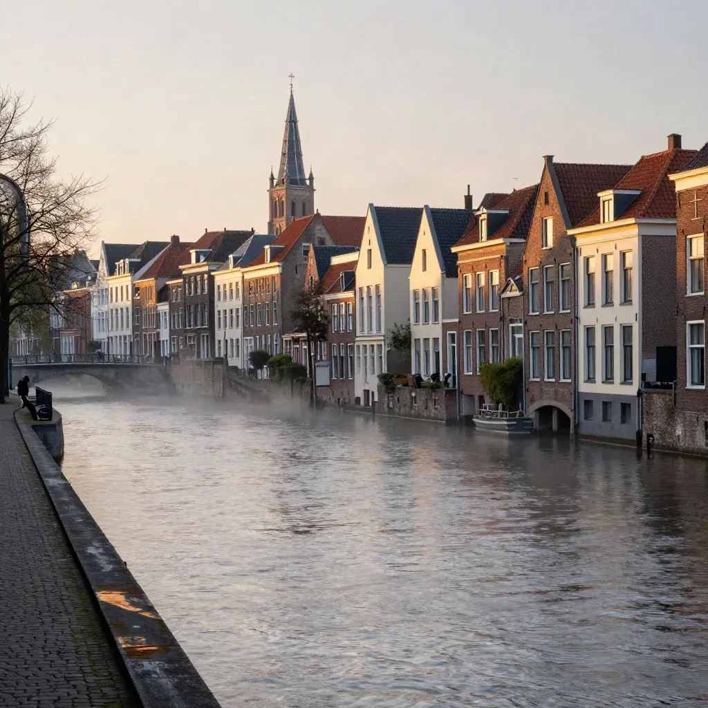 Leids grachtenbeeld in avondmist met verre spits en rustig water als achtergrond.
